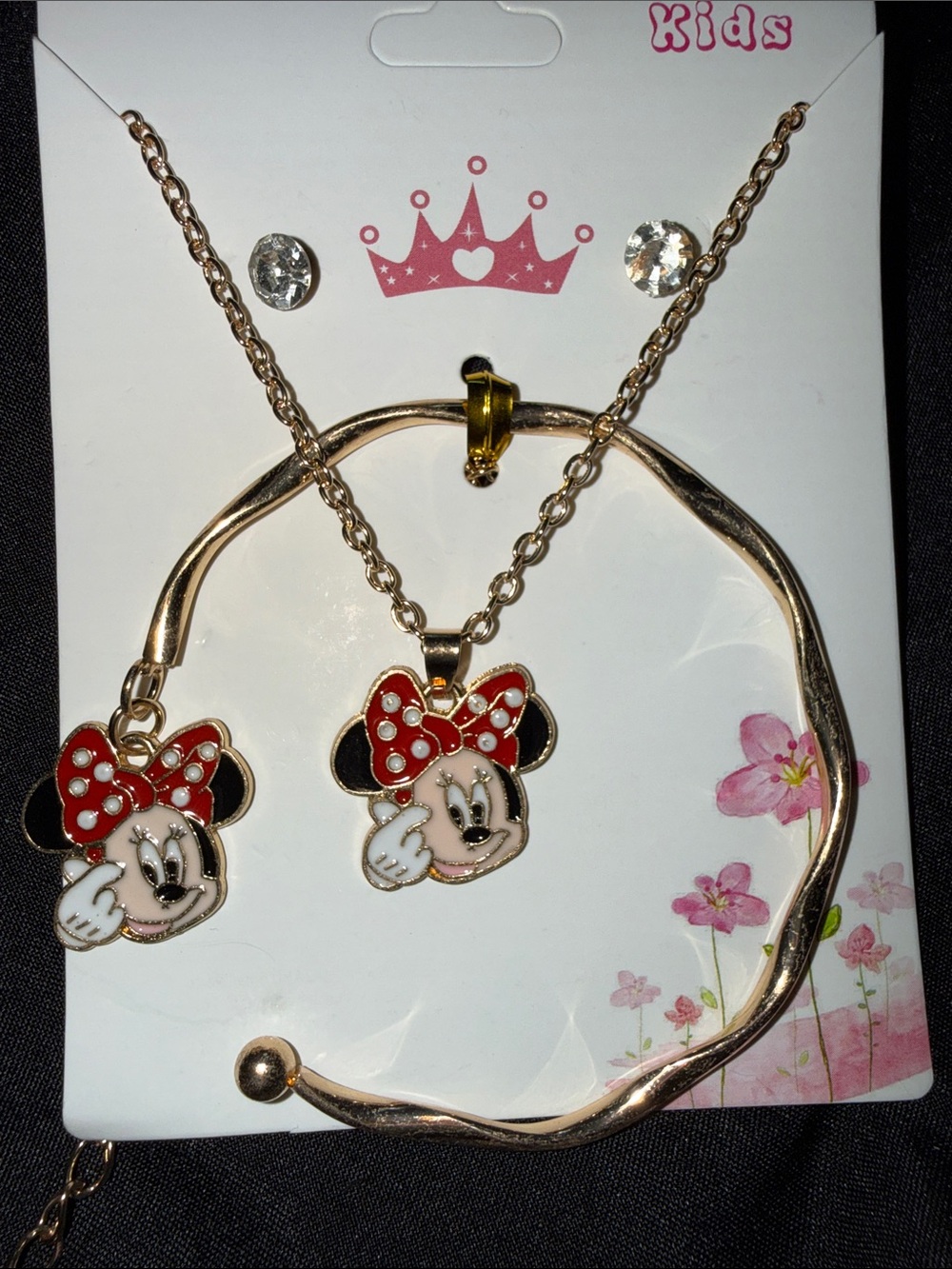 Kids Gold-Tone Necklace , earring & BraceletSet with Red Bow Character Charm
